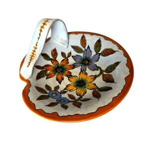 Vintage Signed Gouda Holland Pottery Lizzy Royal Floral Dish Handle Green